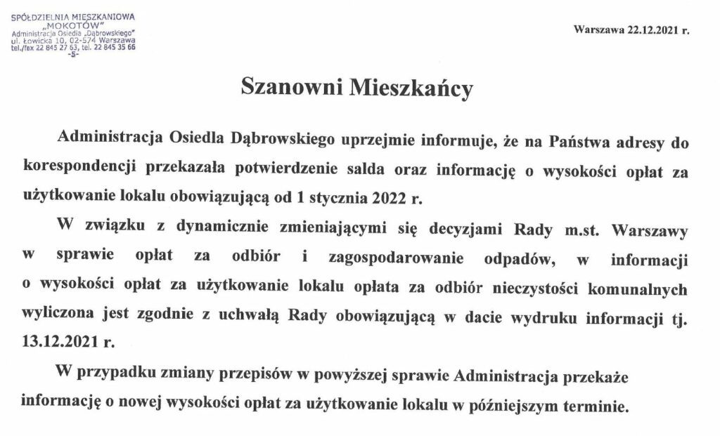 Ogłoszenie Administracji Jarosława Dąbrowskiego 22.12.2021 rok