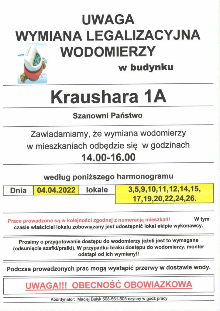 Wymiana wodomierzy Kraushara 1a-1