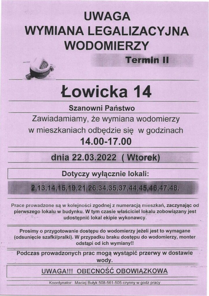 Wymiana wodomierzy Łowicka 14 - 2 Termin-1