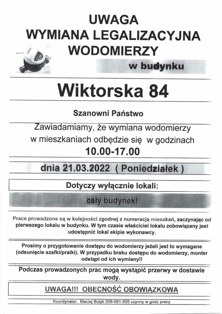 Wymiana wodomierzy Wiktorska 84-1