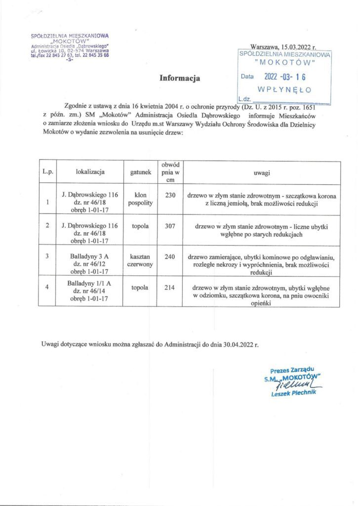 wydanie zezwolenia na usunięcie drzew 18.03.202
