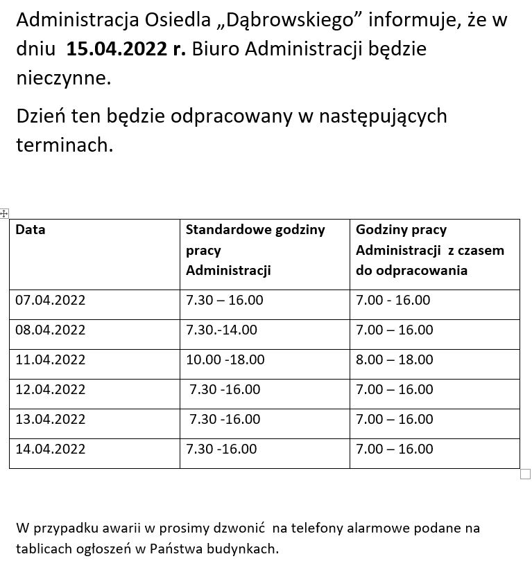 Ogloszenie Administracja nieczynna 15.04.2022