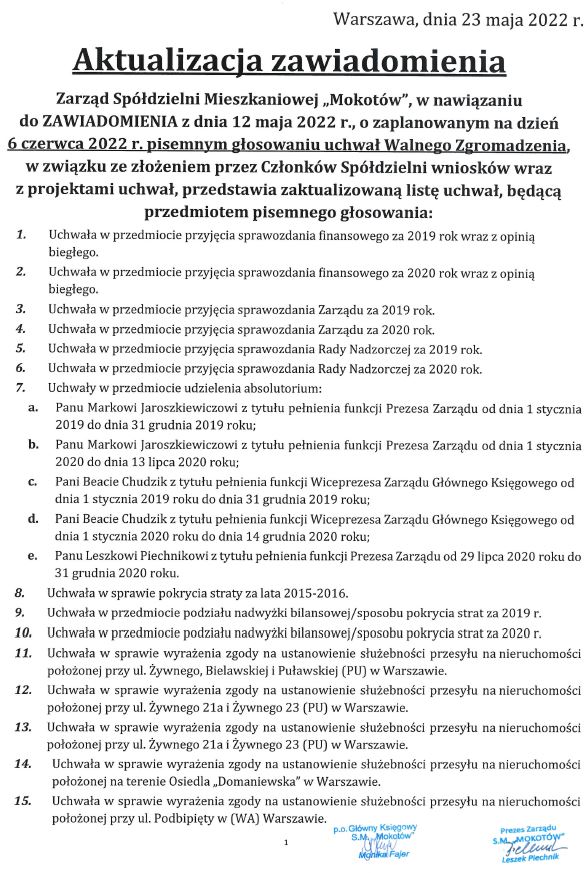 Aktualizacja Zawiadomienie WZ 06.06.2022r.
