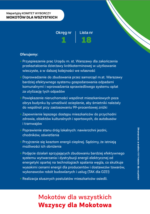 Komitet Wyborczy "Mokotów dla wszystkich" Lista nr 18, Okręg nr 1
